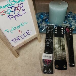 (3) Paparazzi Bracelets, BLACK WIDE LEATHER, BLACK + BLACK WRAP, NEW